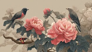 花鸟绘景 牡丹与双雀