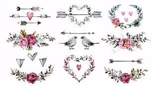 水彩花卉鸟类装饰元素集