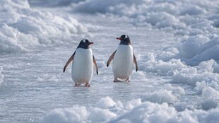 冰原上漫步的两只企鹅