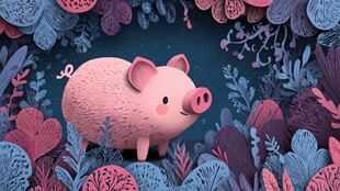 粉猪置身梦幻花草间