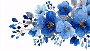蓝色花卉水彩插画装饰图