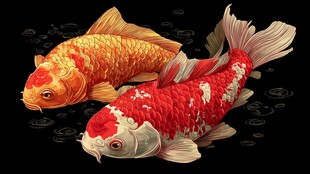 双锦鲤水中悠游图