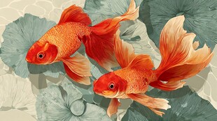 双金鱼戏于荷叶间