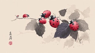 水墨瓢虫栖于枝叶间