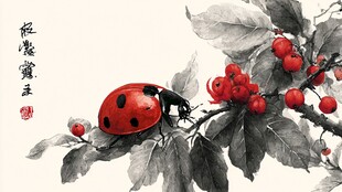 水墨瓢虫栖于红果枝头