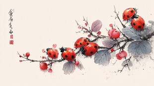 水墨瓢虫栖于繁花枝头