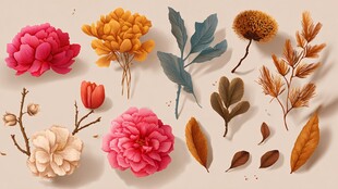 多彩花卉与叶片插画素材