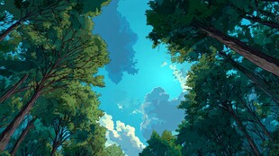 仰视森林中的蓝天绿树