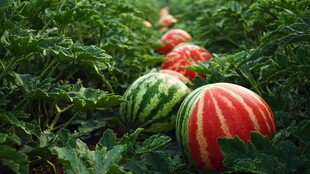 西瓜田中的饱满新鲜西瓜