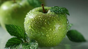 青苹果上的晶莹水珠