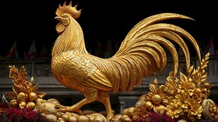 金色雄鸡雕塑展现华丽风采