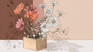 插画风花瓶中的多彩花卉