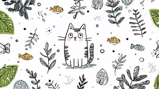 可爱猫咪与植物小鱼图案