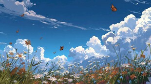 蓝天白云下的烂漫花海