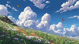 梦幻草地与云端蝴蝶之景