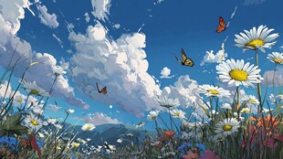 雏菊田野间的蝶舞蓝天