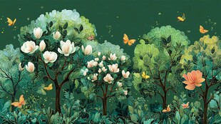 春日森林繁花蝴蝶美景图