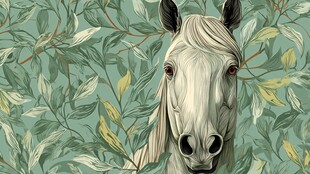 白马穿梭于葱郁枝叶间