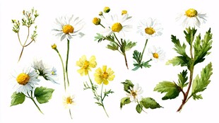 手绘洋甘菊等花卉插画