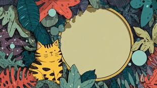 猫咪置身多彩植物圆形框中
