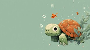 可爱海龟与金鱼的水中世界
