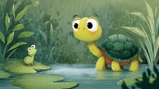 雨中龟蛙共赏自然景致