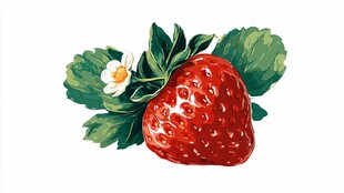 手绘鲜红草莓配绿叶白花