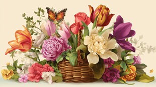 花篮中的多彩花卉与蝴蝶