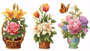 缤纷花卉与灵动蝴蝶组合