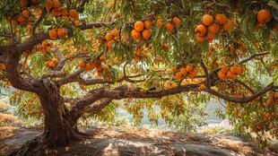 硕果累累的繁茂柿子树