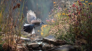 飞鸟于花丛溪流间振翅