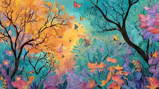 秋日梦幻森林与飞舞蝴蝶