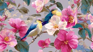 花鸟绘景 双鸟栖于繁花间