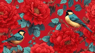 红花间双鸟的精美图案