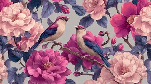 花鸟相依的唯美花卉图案