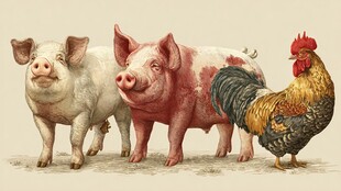 猪与公鸡的和谐画面