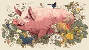 花丛中的粉色小猪与飞鸟