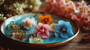 蓝盘上的缤纷花卉与饰品