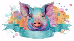 水彩风可爱小猪带丝带