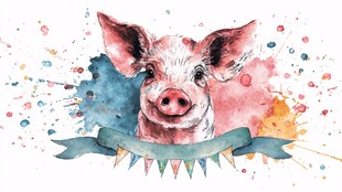 水彩风格可爱小猪插画