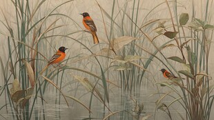 芦苇丛中的橙黑相间小鸟