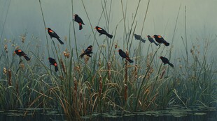 湿地群鸟栖于芦苇间