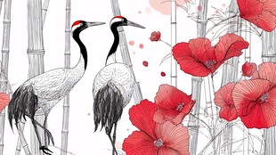 双鹤伴花立竹林间