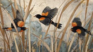 三只飞鸟穿梭于芦苇间