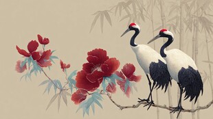 丹顶鹤与牡丹的中式图景