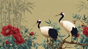 丹顶鹤与牡丹的中式图景