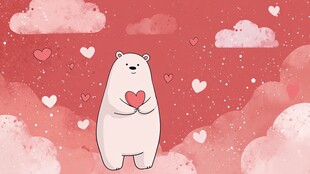 白熊抱心于浪漫粉色云端