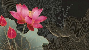 水墨风盛开荷花与花苞