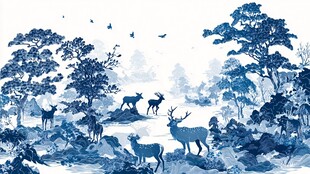 蓝调森林鹿群自然图景