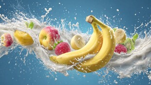 水果飞溅入牛奶的动感画面